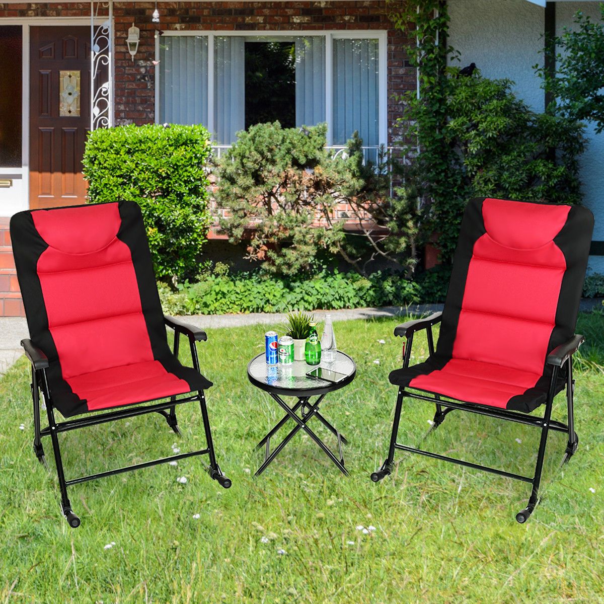 Widely Used Blue 3 Piece Outdoor Seating Sets Intended For Goplus Red 3 Piece Outdoor Folding Rocking Chair Table Set Bistro Sets (View 4 of 15)