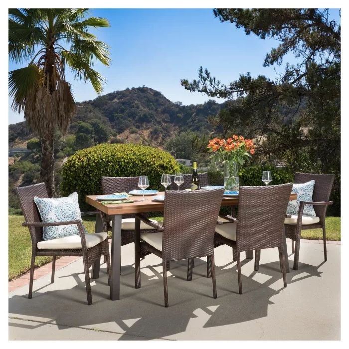 Widely Used Cordella 7pc Rectangle All Weather Wicker & Wood Patio Dining Set For Brown Wicker Rectangular Patio Dining Sets (View 10 of 15)