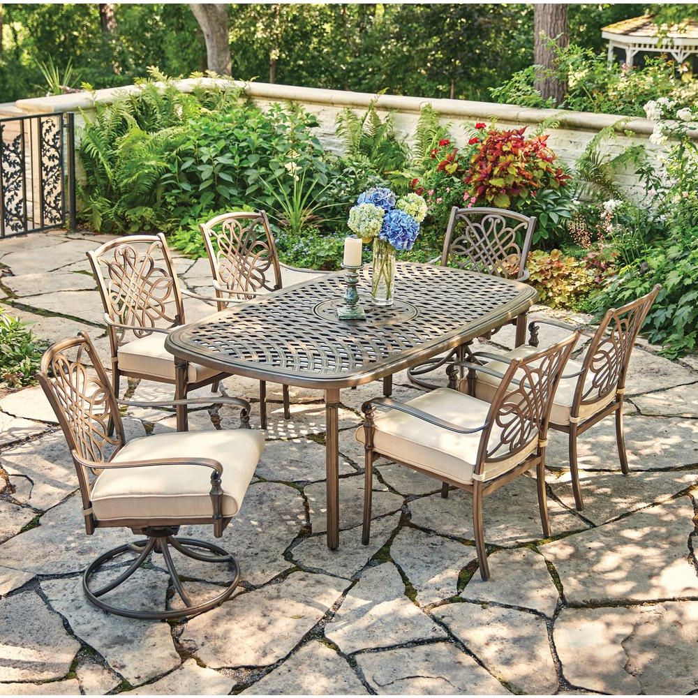 Widely Used Hampton Bay Cavasso 7 Piece Metal Outdoor Dining Set With Oatmeal In 7 Piece Patio Dining Sets With Cushions (View 14 of 15)