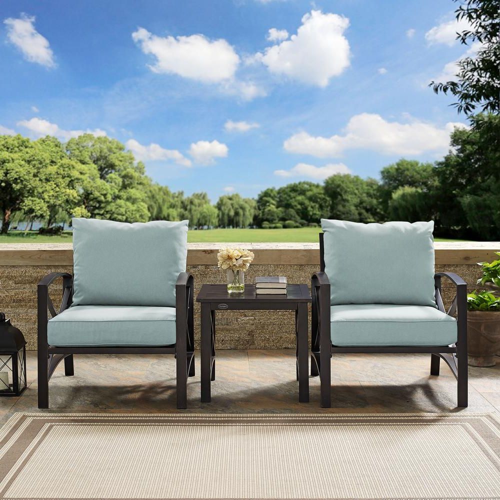 Widely Used Mist Fabric Outdoor Patio Sets With Regard To Crosley Kaplan 3 Piece Metal Outdoor Seating Set With Mist Cushions –  (View 7 of 15)