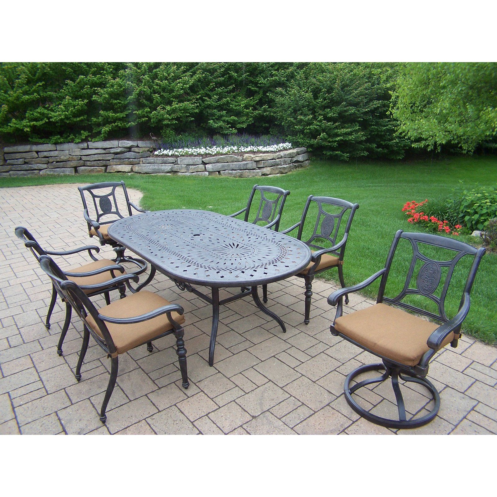 Widely Used Oval 7 Piece Outdoor Patio Dining Sets Within Oakland Living Victoria Aluminum 7 Piece Oval Patio Dining Set (View 8 of 15)