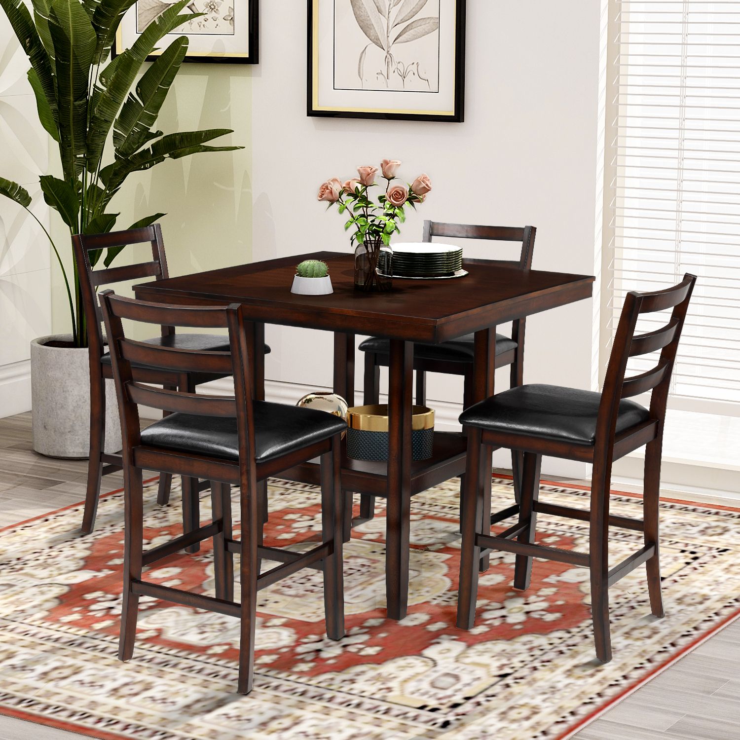 Wood Bistro Table And Chairs Sets Intended For Most Up To Date Euroco 5 Piece Counter Height Dining Set, Wooden Dining Set With Padded (View 3 of 15)