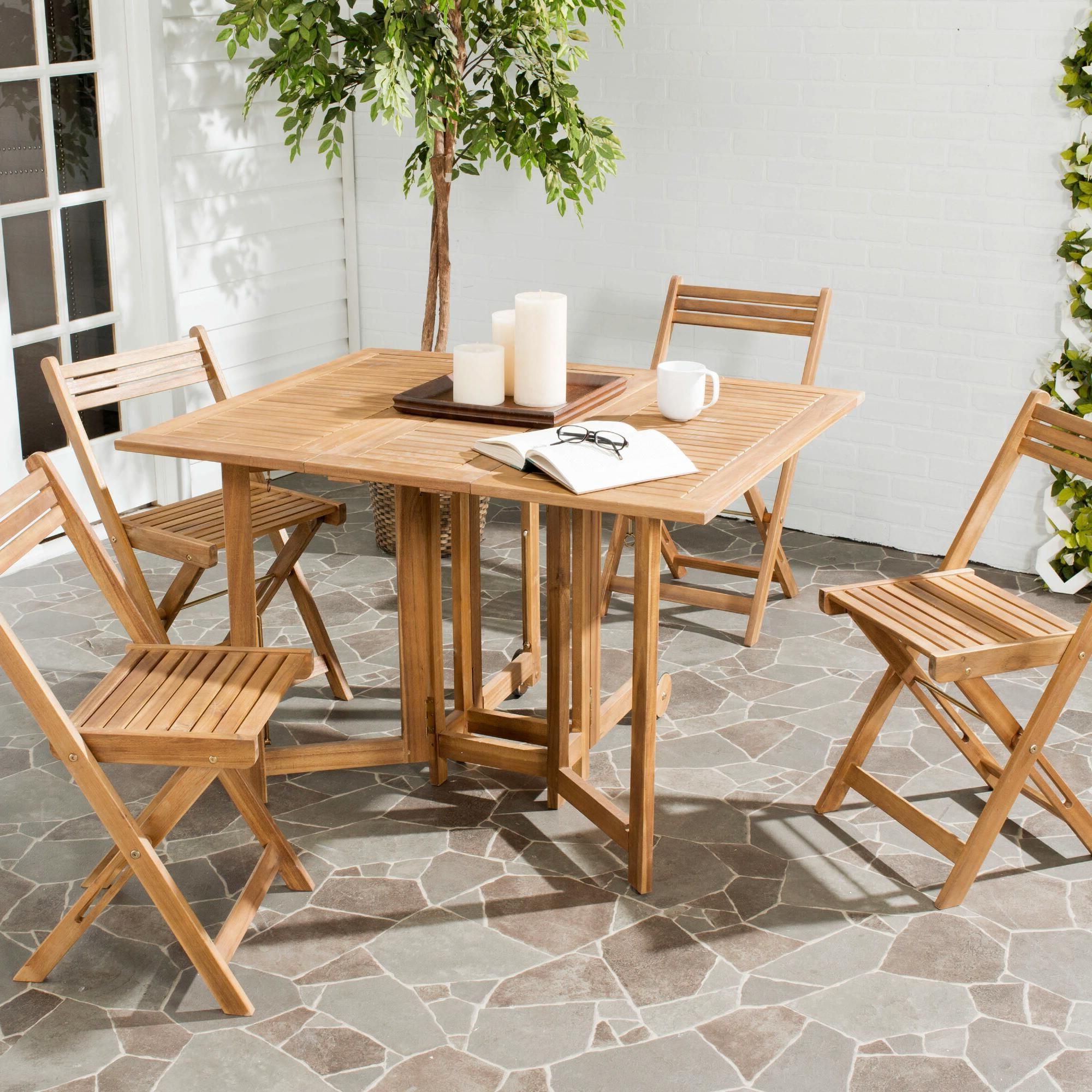 Wood Rectangular Outdoor Dining Sets Within Widely Used Natural Wood Holcut Rectangular 5 Piece Outdoor Dining Set (View 14 of 15)