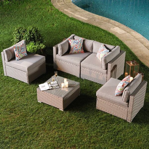 Wrought Studio 5 Piece Outdoor Furniture Set Warm Grey Wicker Sectional Inside Preferred 5 Piece 4 Seat Outdoor Patio Sets (View 5 of 15)