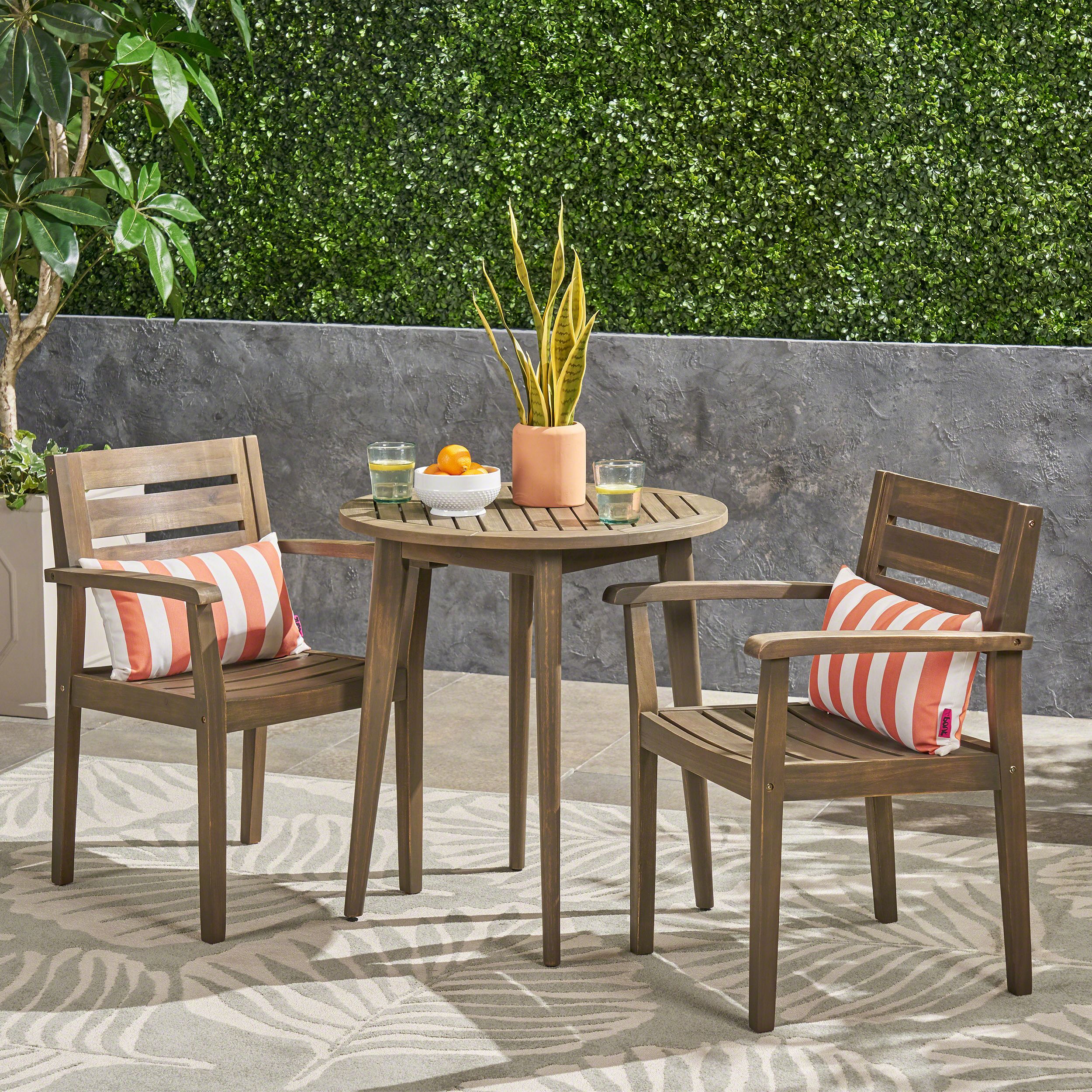 Zack Outdoor 3 Piece Acacia Wood Bistro Set With Straight Legged Table Pertaining To Most Recent 3 Piece Outdoor Table And Chair Sets (View 1 of 15)
