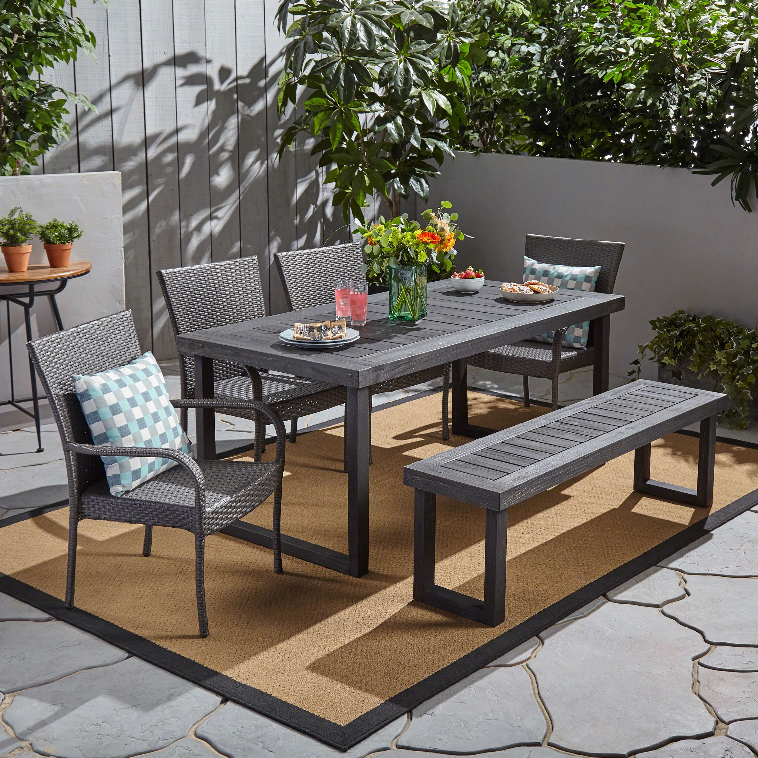 Zoe Outdoor 6 Piece Acacia Wood Dining Set With Bench And Wicker For Most Recently Released Dark Wood Outdoor Chairs (View 13 of 15)