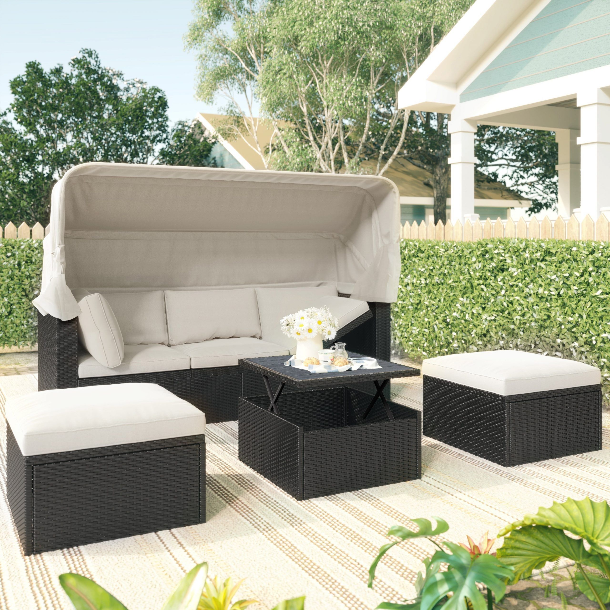 2019 4pcs Outdoor Rattan Retractable Canopy Daybed Sectional Sofa Set With  Foldable Board, Lift Top Storage Table And 2 Ottomans – Overstock – 35580507 Within Lift Top Storage Outdoor Tables (View 10 of 15)