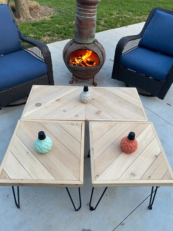 3 Piece Cedar Patio Table Set Solid Cedar And Hairpin Legs – Etsy Intended For Favorite 3 Leg Outdoor Tables (View 15 of 15)