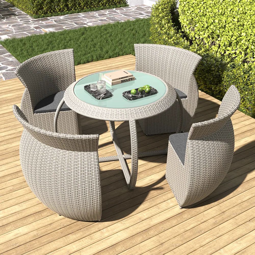 5 Pieces Traditional Rattan Outdoor Dining Set With Tempered Glass Table  And Chair Grey Homary Intended For Recent Rattan Outdoor Tables (View 4 of 15)