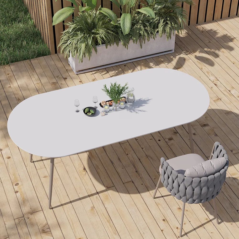 6 – Person Oval Faux Marble Top & Aluminium Outdoor Patio Dinning Table In  White & Grey – Outdoor Dining Furniture – Homary Uk For Current White Faux Marble Outdoor Tables (View 2 of 15)