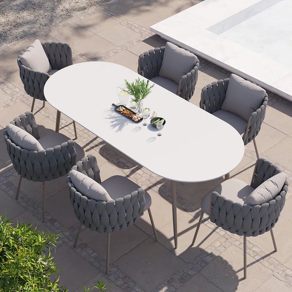 6 – Person Oval Faux Marble Top & Aluminium Outdoor Patio Dinning Table In  White & Grey – Outdoor Dining Furniture – Homary Uk Throughout Most Popular White Faux Marble Outdoor Tables (View 4 of 15)