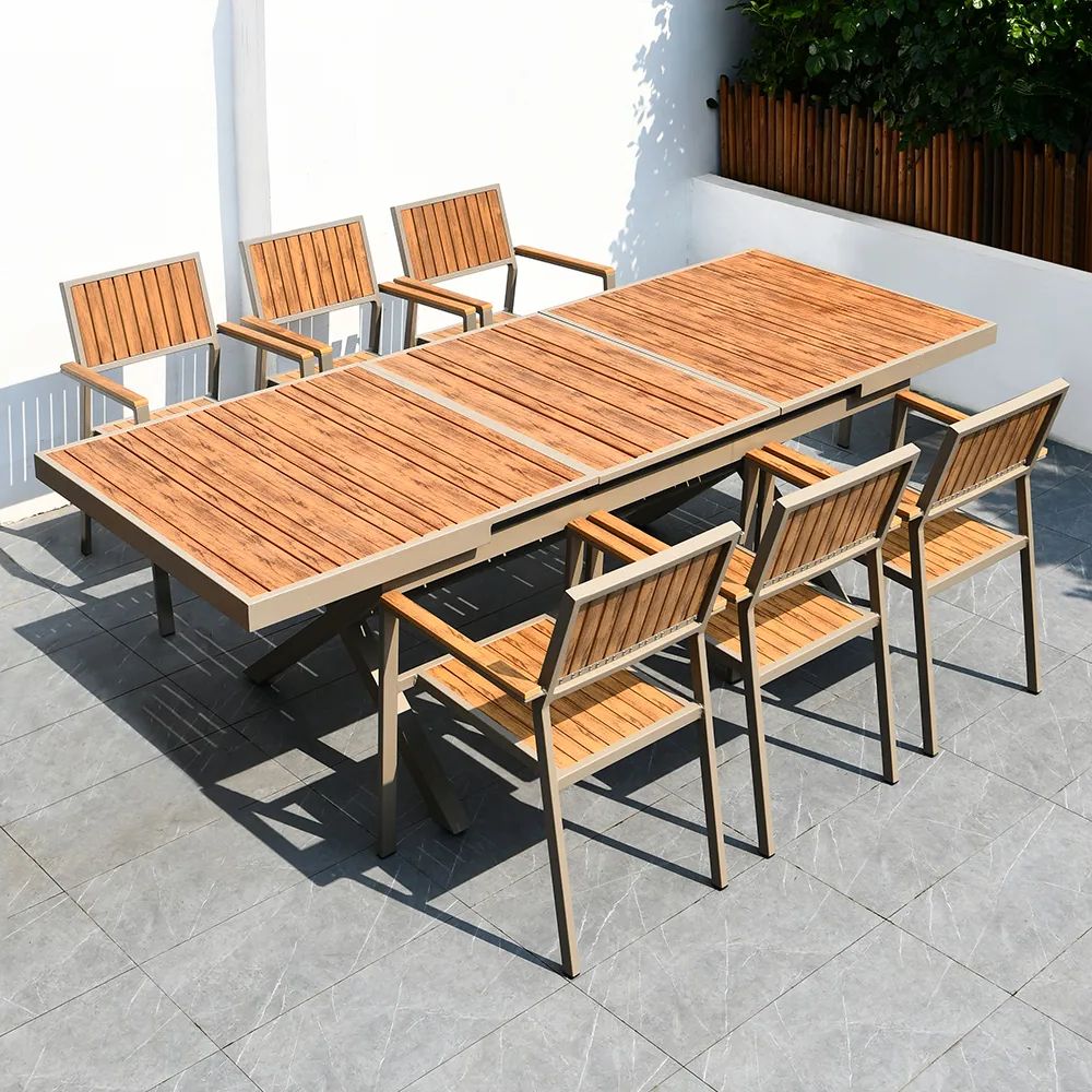 7 Pieces Modern Outdoor Dining Set For 6 With Wood Extendable Table And  Chair In Natural Homary With Famous Modern Outdoor Tables (View 15 of 15)