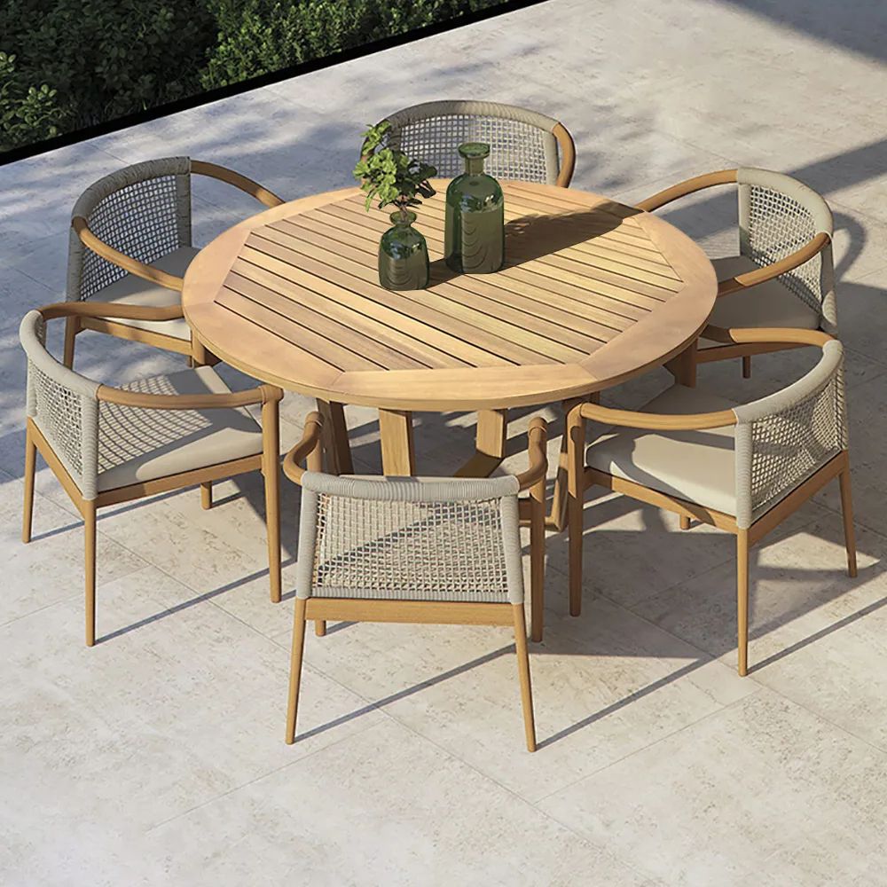 7 Pieces Wooden Outdoor Dining Sets Round Dining Table With 6 Chairs (View 2 of 15)