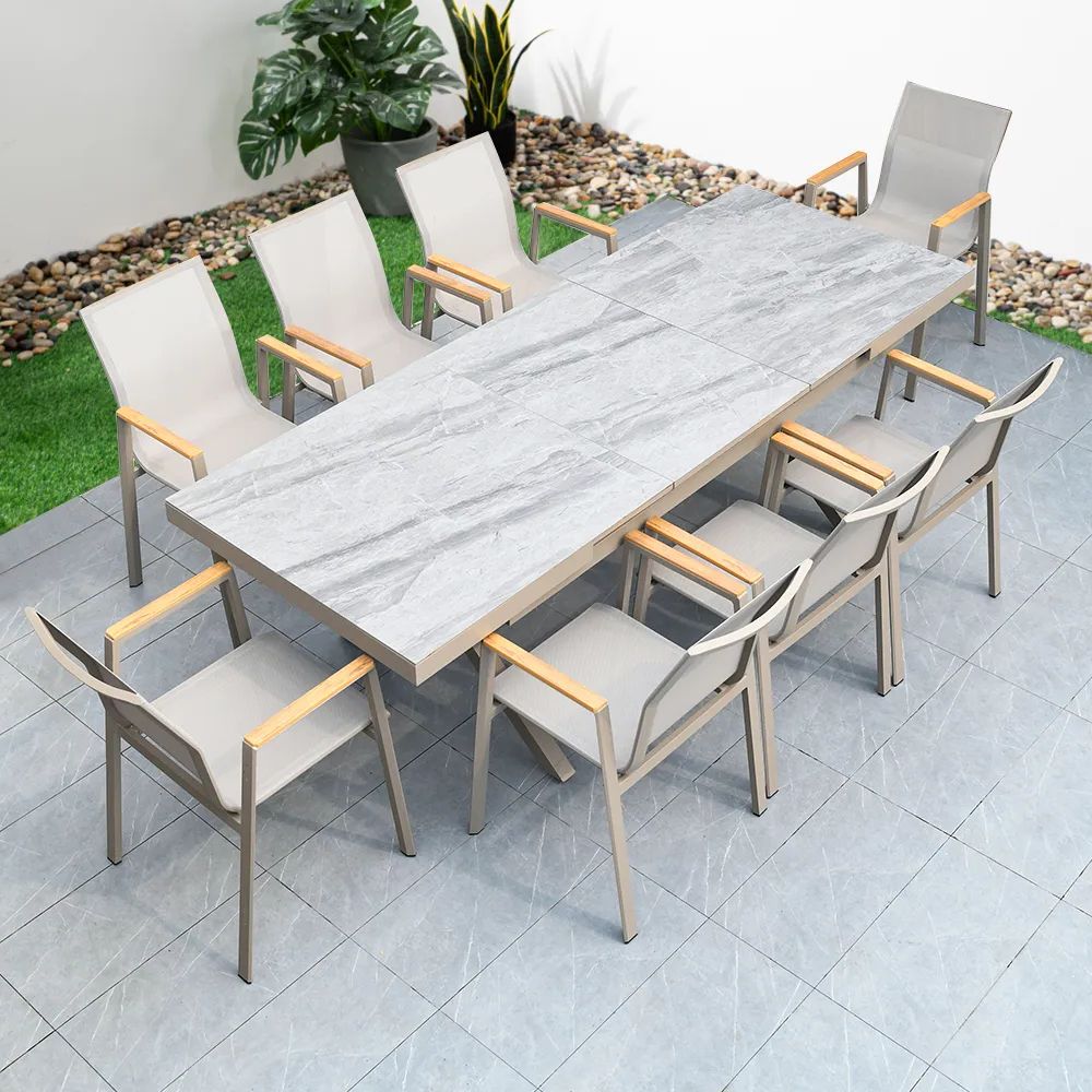 9 Pieces Modern Gray Outdoor Dining Set With Extendable Faux Marble Top  Table And Chair Homary Pertaining To Favorite Marble Outdoor Tables (View 2 of 15)