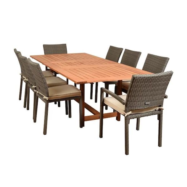 Amazonia Knight 9 Piece Teak/wicker Rectangular Outdoor Dining Set With Off  White Cushions Bt542 6libside 2libarm Gr Ow – The Home Depot Inside Famous Off White Wood Outdoor Tables (View 8 of 15)