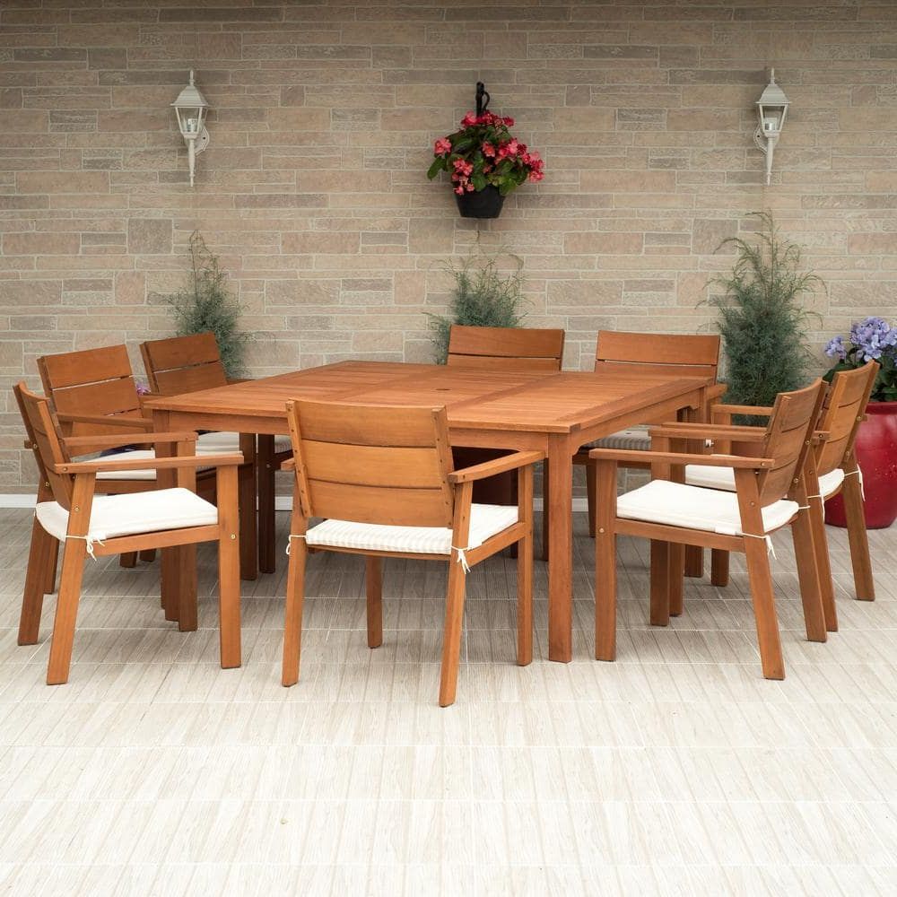 Atlantic Contemporary Lifestyle Nelson 9 Piece Square Eucalyptus Wood Patio  Dining Set With Off White Cushions Sc Nelson9sq – The Home Depot With Most Recent Off White Wood Outdoor Tables (View 14 of 15)