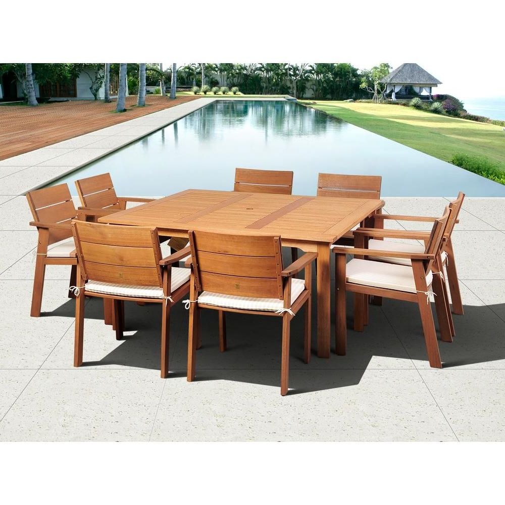 Atlantic Nelson 9 Piece Square Eucalyptus Wood Patio Dining Set With Off  White Cushions Sc Nelson9sq – The… (View 6 of 15)
