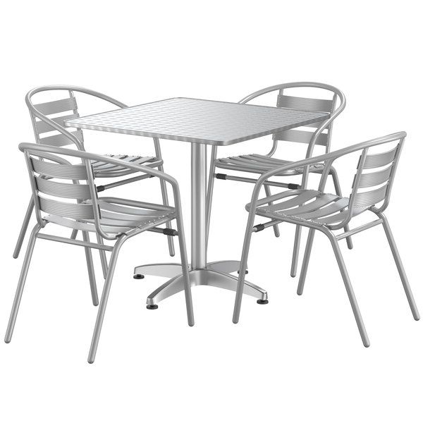 Best And Newest Chrome Outdoor Tables In Lancaster Table & Seating 31 1/2" X 31 1/2" Chrome Powder Coated Square  Steel And Aluminum Dining Set With 4 Aluminum Outdoor Arm Chairs (View 8 of 15)
