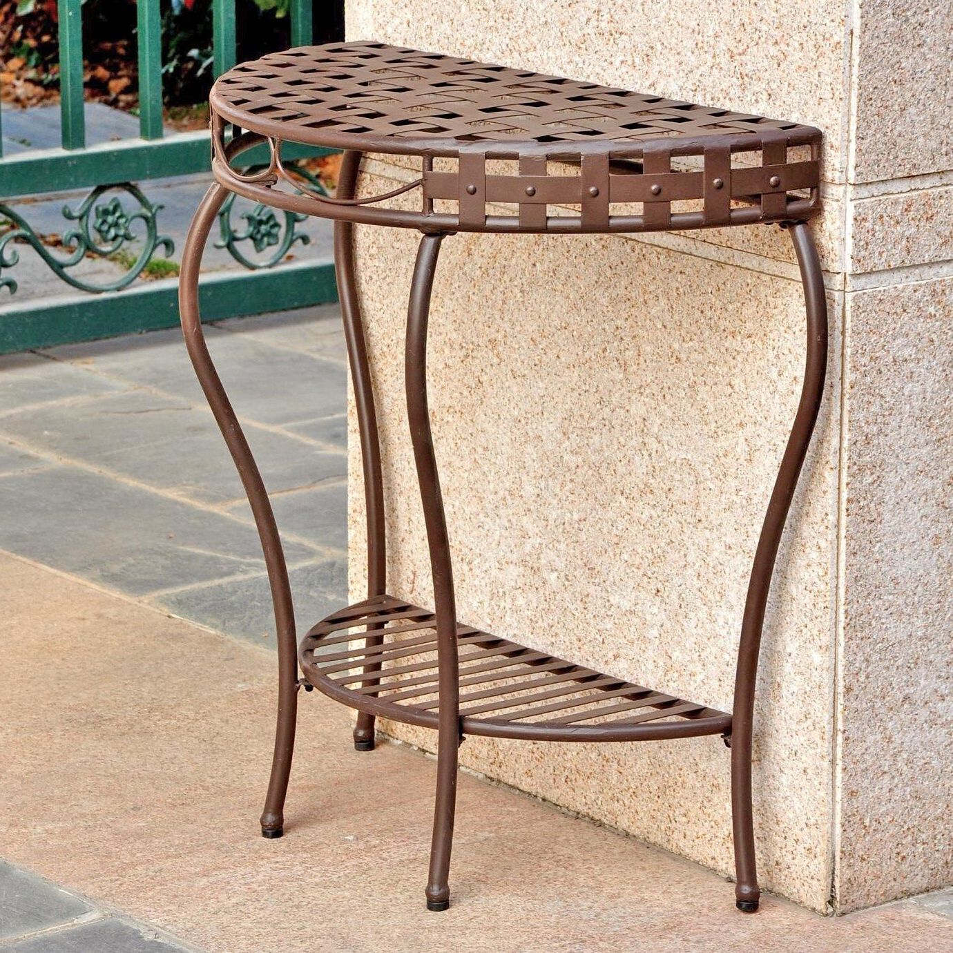 Best And Newest International Caravan Santa Fe Nailhead 2 Tier Half Moon Table – On Sale –  Overstock – 5080162 Throughout 2 Tier Metal Outdoor Tables (View 5 of 15)