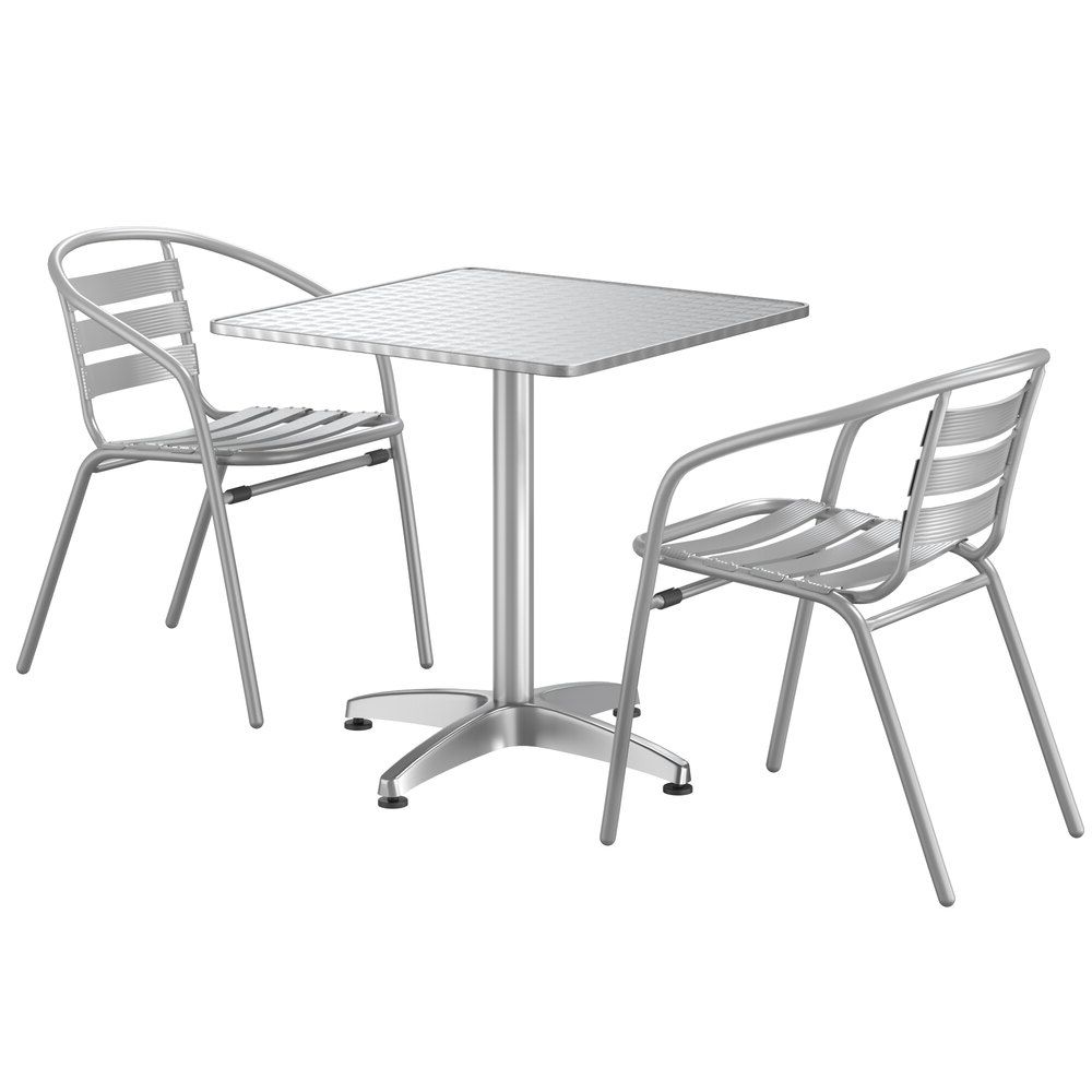 Chrome Outdoor Tables Intended For Recent Lancaster Table & Seating 27 1/2" X 27 1/2" Chrome Powder Coated Square  Steel And Aluminum Dining Set With 2 Aluminum Outdoor Arm Chairs (View 5 of 15)