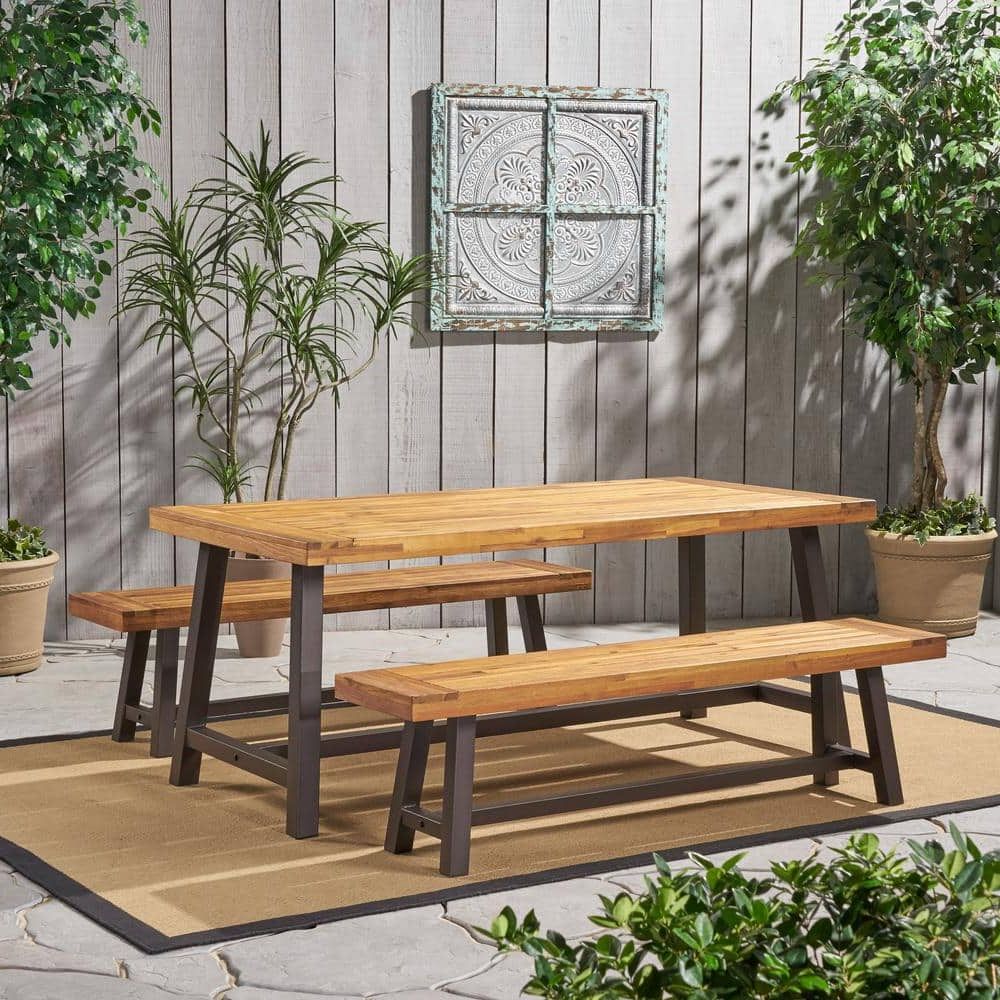 Current Noble House Carlisle Rustic Metal 3 Piece Wood Rectangular Outdoor Dining  Set 2792 – The Home Depot Inside Metal And Wood Outdoor Tables (View 9 of 15)