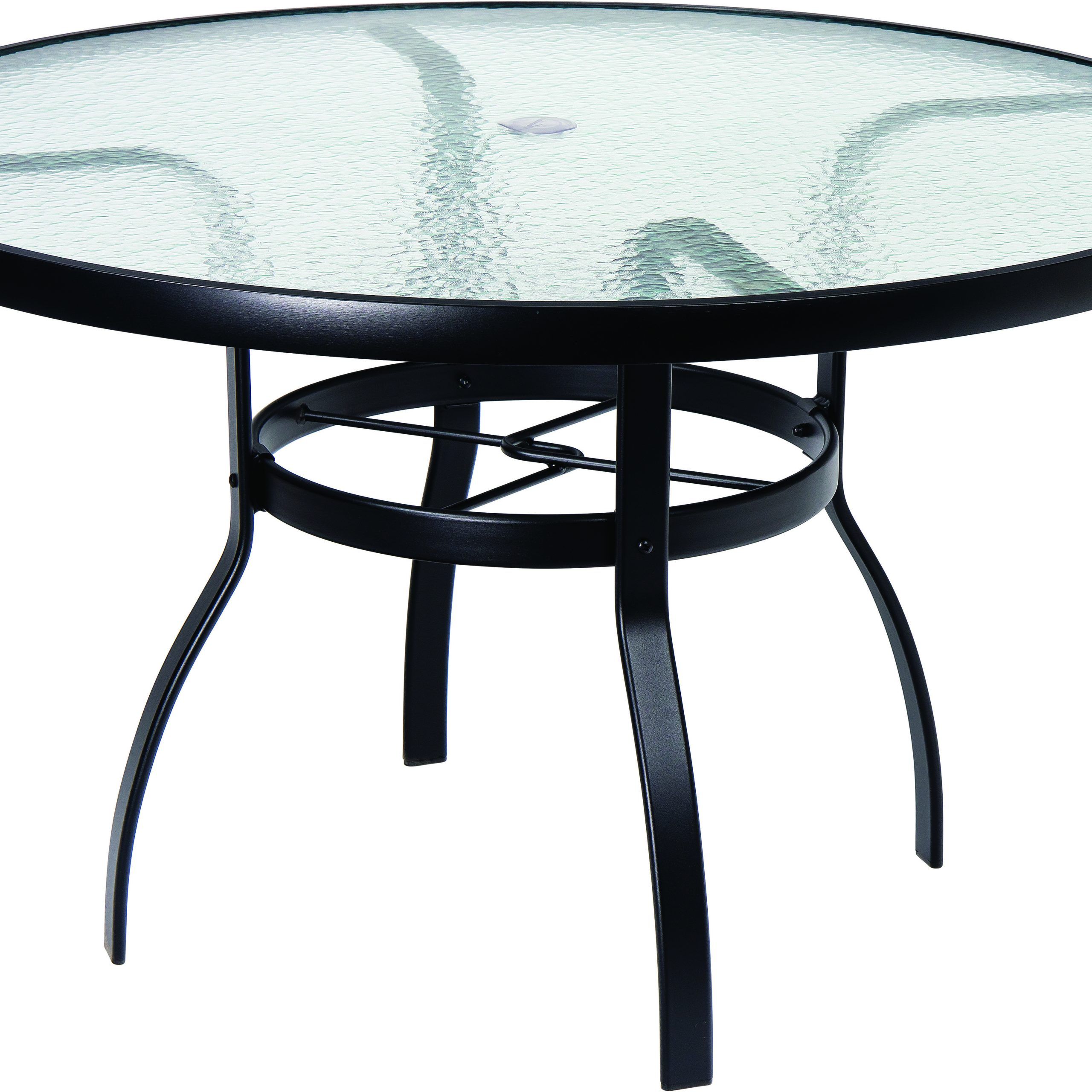 Current Octagon Glass Top Outdoor Tables Regarding Woodard Aluminum Deluxe 48'' Wide Round Obscure Glass Top Table With  Umbrella Hole (View 11 of 15)