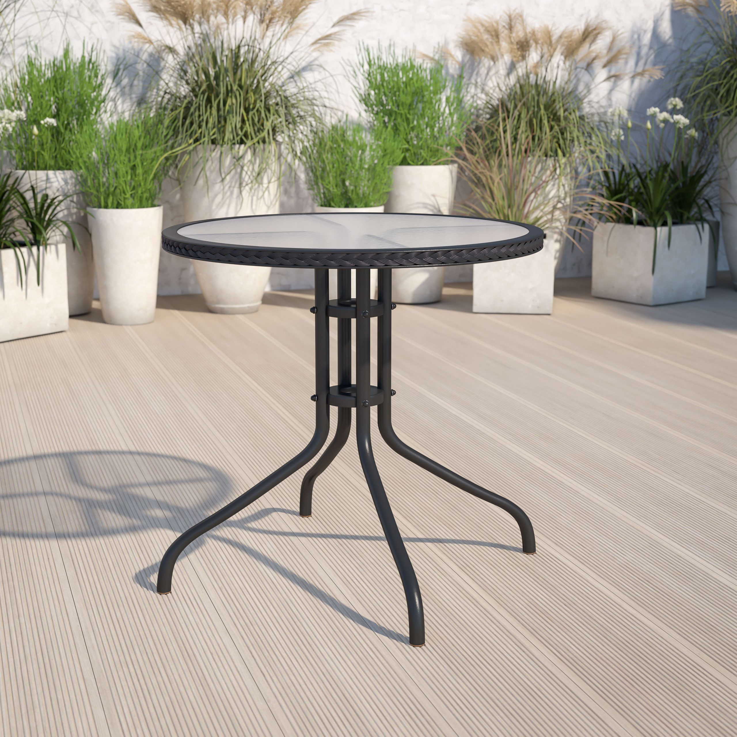Current Tempered Glass Top Outdoor Tables For Flash Furniture 28'' Round Tempered Glass Metal Table With Dark Brown  Rattan Edging – Walmart (View 6 of 15)