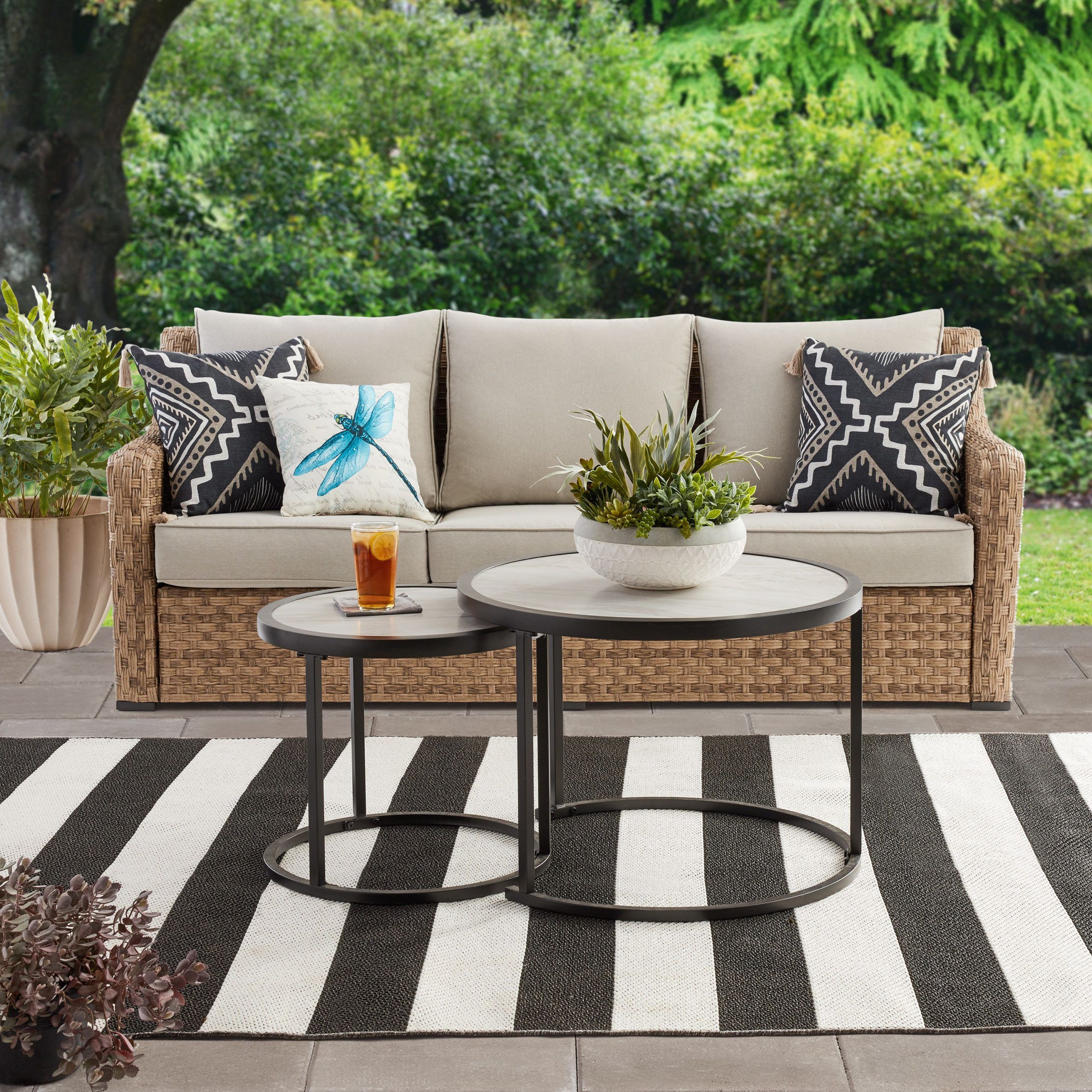 Fashionable Oak Espresso Outdoor Tables Throughout Better Homes & Gardens River Oaks 3 Piece Sofa & Nesting Table Set With  Patio Cover – Walmart (View 1 of 15)