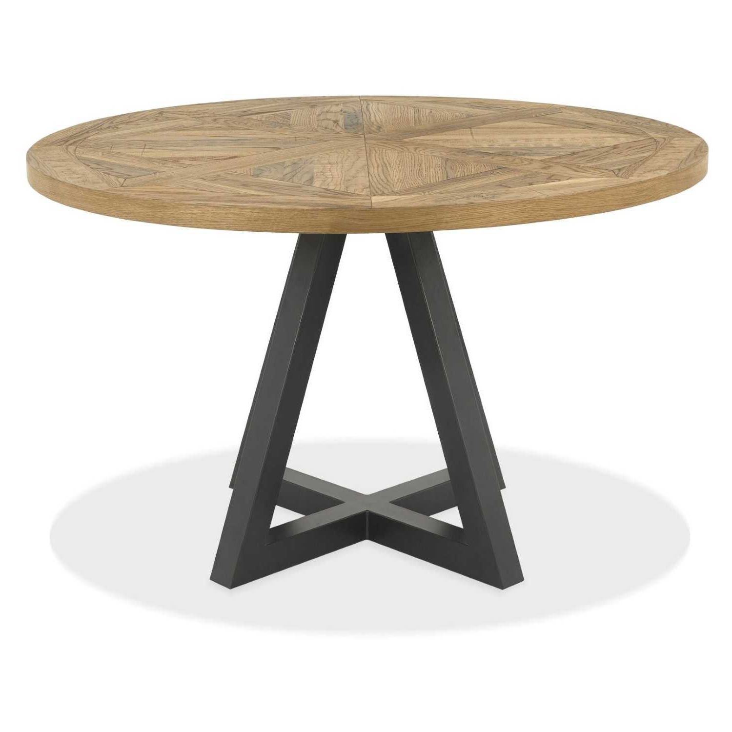 Fashionable Rustic Oak Round 4 Seater Dining Table 125cm Diameter Black Metal Base – My  Blue Apple Throughout Rustic Oak And Black Outdoor Tables (View 8 of 15)