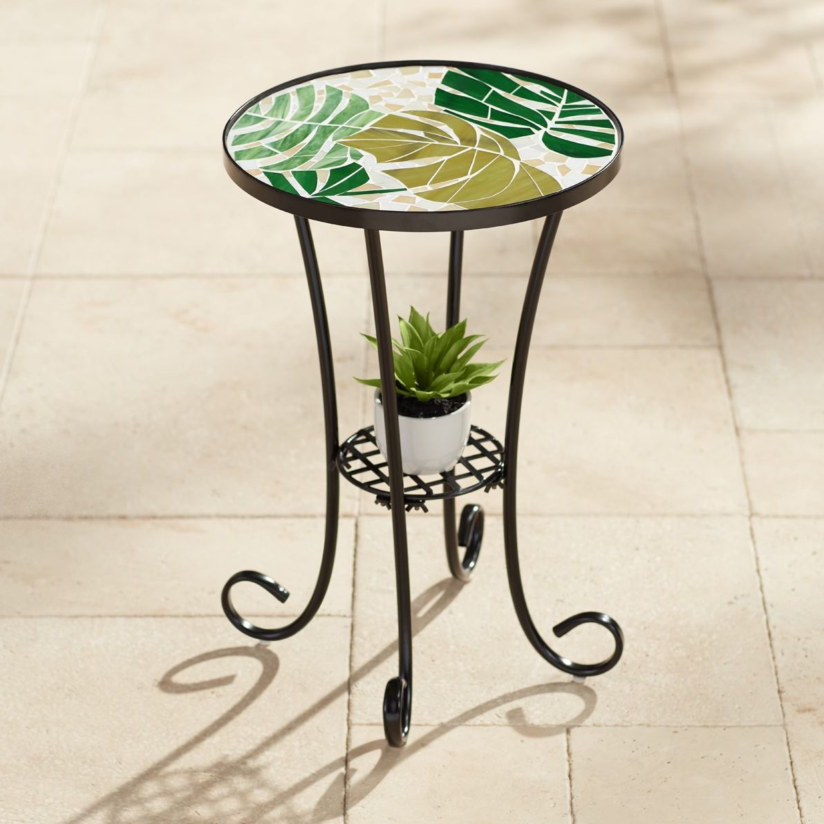 Fashionable Teal Island Designs Modern Black Metal Round Outdoor Accent Side Table 14"  Wide Green Leaf Mosaic Tabletop For Front Porch Patio Home House –  Walmart Regarding Black Accent Outdoor Tables (View 6 of 15)