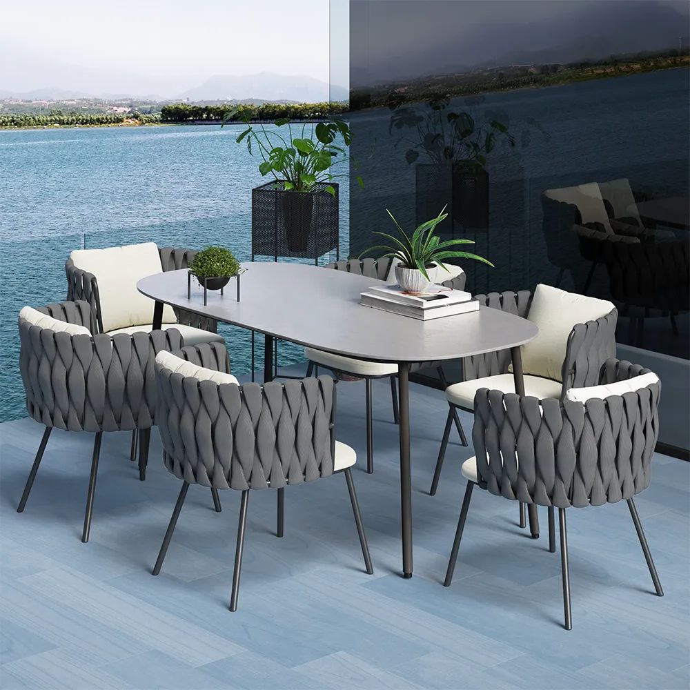 Faux Marble Top Outdoor Tables Intended For Most Up To Date 7 Pieces Outdoor Dining Set With Faux Marble Top & Aluminium Table And Rope  Woven Chair Homary (View 6 of 15)