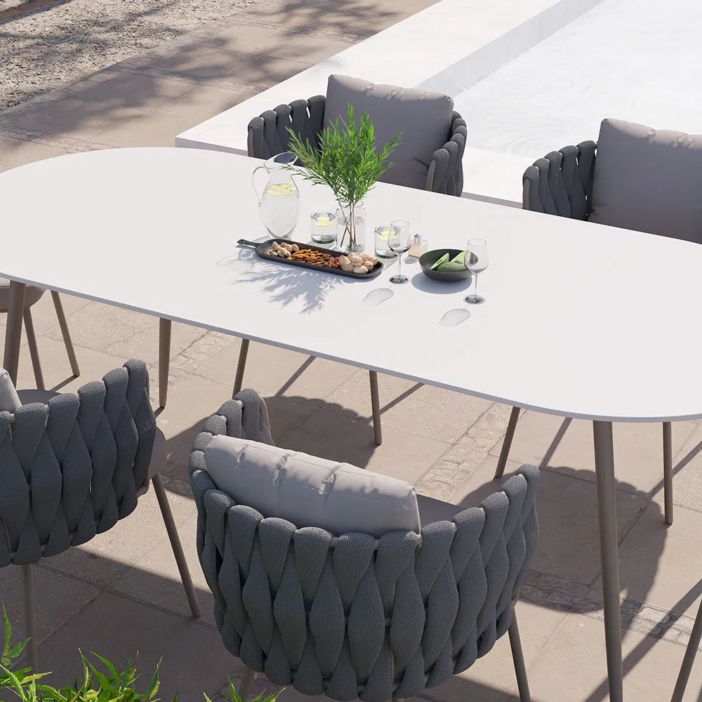 Faux Marble Top Outdoor Tables Within 2020 6 – Person Oval Faux Marble Top & Aluminium Outdoor Patio Dinning Table In  White & Grey – Outdoor Dining Furniture – Homary Uk (View 12 of 15)