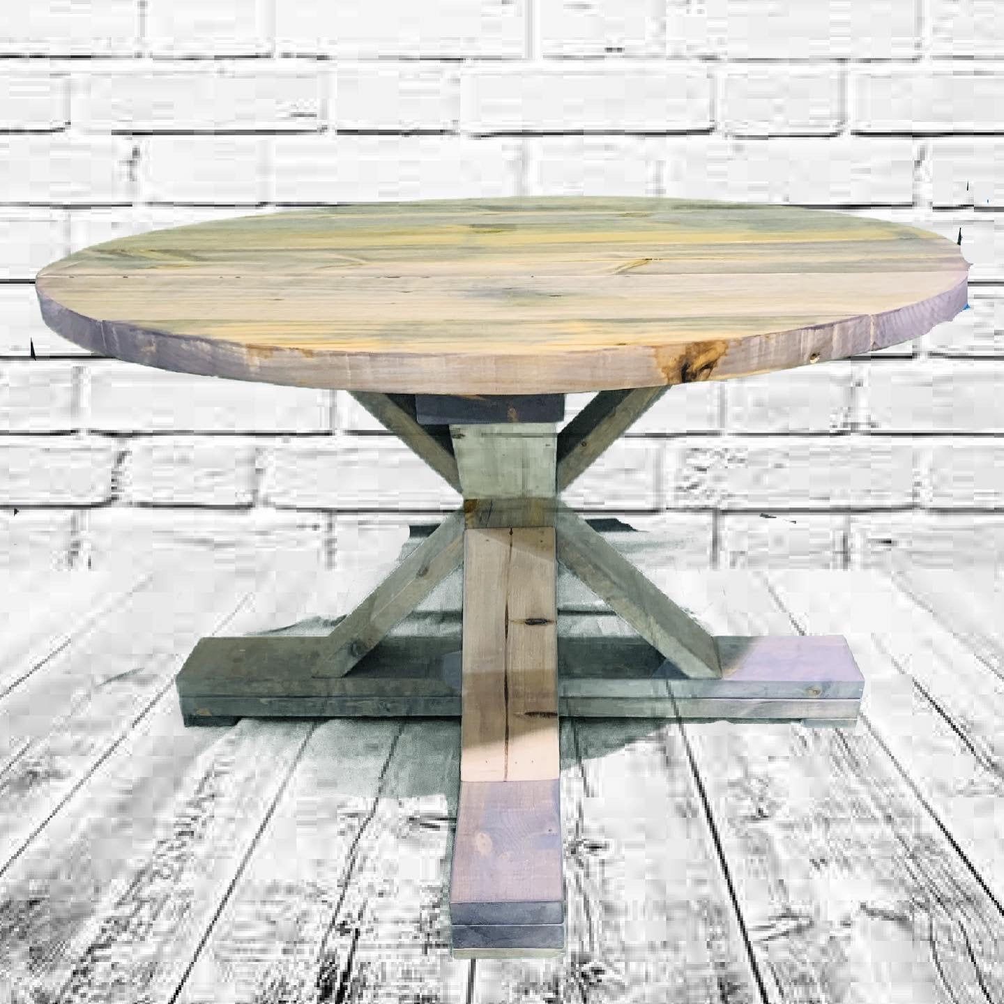 Favorite Round Rustic Farmhouse Table Single Pedestal Style Base Gray – Etsy Intended For Rustic Round Outdoor Tables (View 3 of 15)