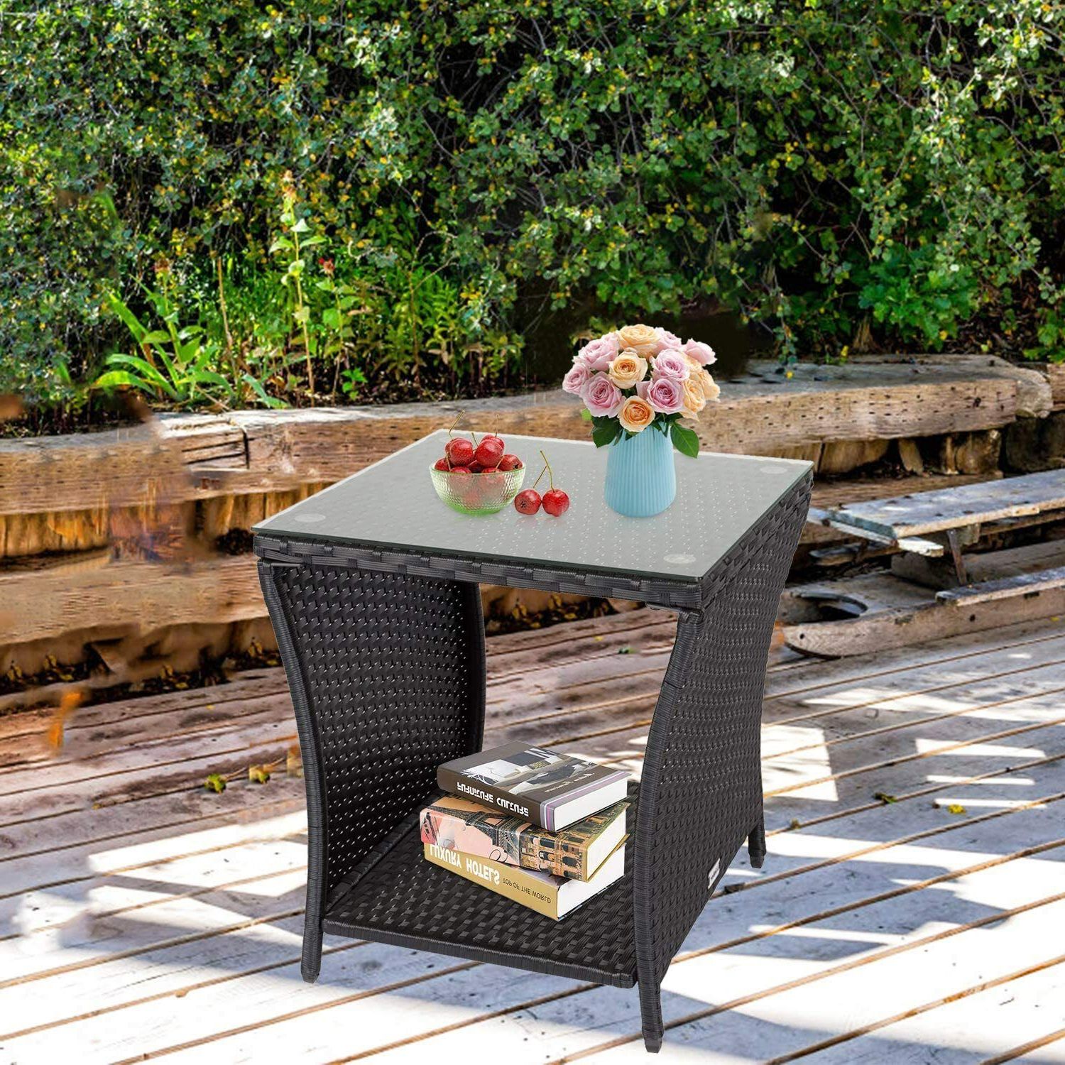 Glass Outdoor Tables With Storage Shelf With Regard To Well Known Wicker Coffee Table Tempered Glass Top Square Rattan Storage Shelf Black  Patio (View 1 of 15)