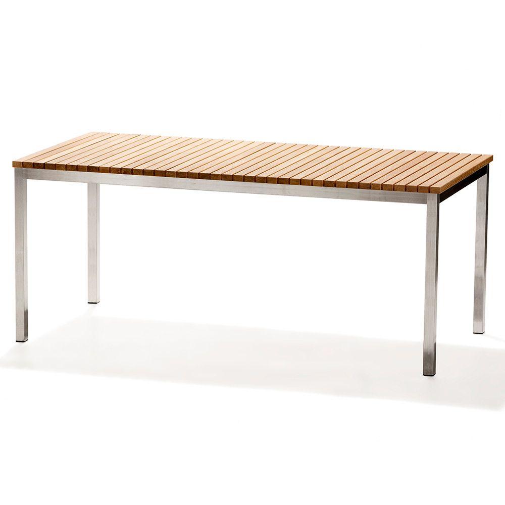 Haringe Outdoor Rectangular Large Table – Teak, Brushed Stainless Steel  Frame – Rouse Home Intended For Well Liked Brushed Stainless Steel Outdoor Tables (View 3 of 15)