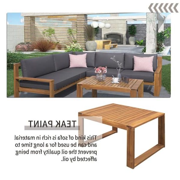 Harper & Bright Designs Solid Acacia Wood Outdoor Sectional With Gray  Cushions And Table Wy000121eaa – The Home Depot With Famous Solid Acacia Wood Outdoor Tables (View 12 of 15)