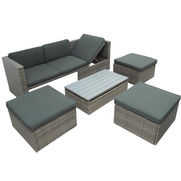 Harper&bright Designs Gray 5 Piece Wicker Outdoor Sectional Set With Gray  Cushions And Lift Top Coffee Table Wy000217eaa – The Home Depot Inside Famous Lift Top Outdoor Tables (View 15 of 15)
