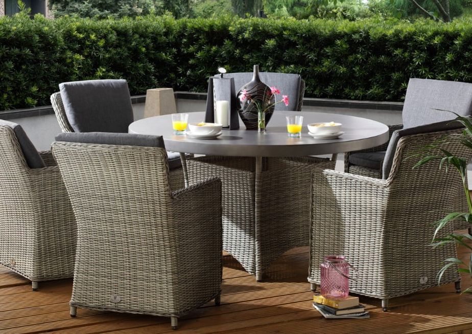 Hilton Grey 6 Seat Rattan Outdoor Dining Set With A Slate Poly Fibre Table Inside Most Recently Released Rattan Outdoor Tables (View 8 of 15)