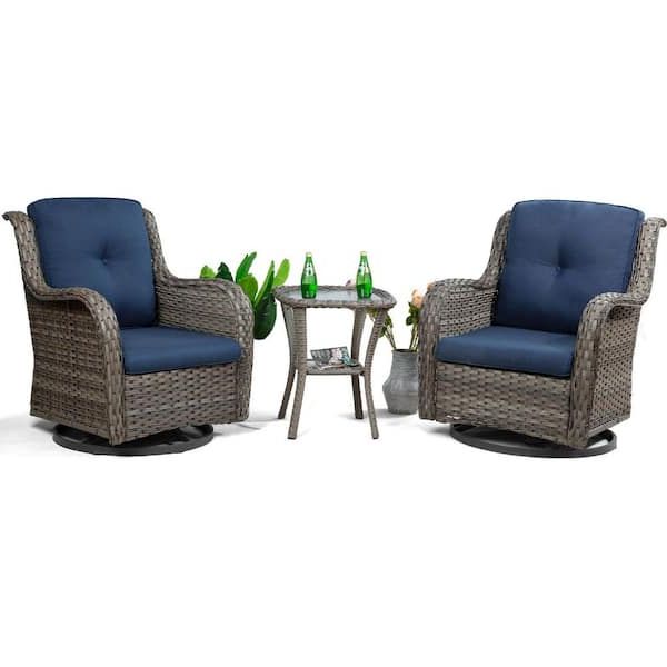 Joyside 3 Piece Wicker Patio Conversation Set With Blue Cushions And Cover  All Weather Swivel Patio Chairs O3pc M01 Blue – The Home Depot Throughout Popular Swivel Outdoor Tables (View 9 of 15)