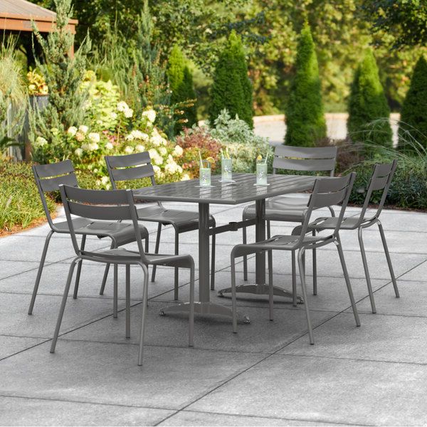 Lancaster Table & Seating 32" X 60" Matte Gray Powder Coated Aluminum  Dining Height Outdoor Table With Umbrella Hole And 6 Side Chairs With Best And Newest Matte Outdoor Tables (View 15 of 15)