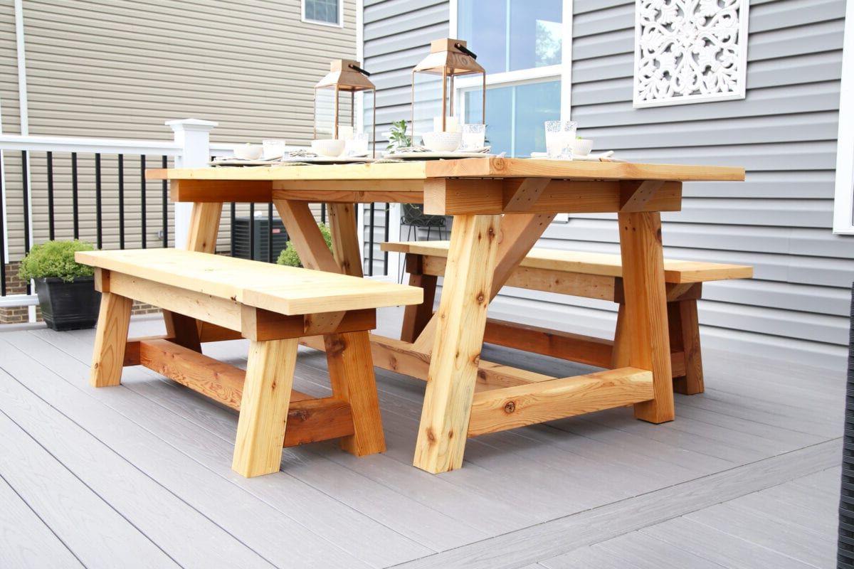 Latest Diy Truss Beam Farmhouse Style Table And Benches In Farmhouse Style Outdoor Tables (View 7 of 15)