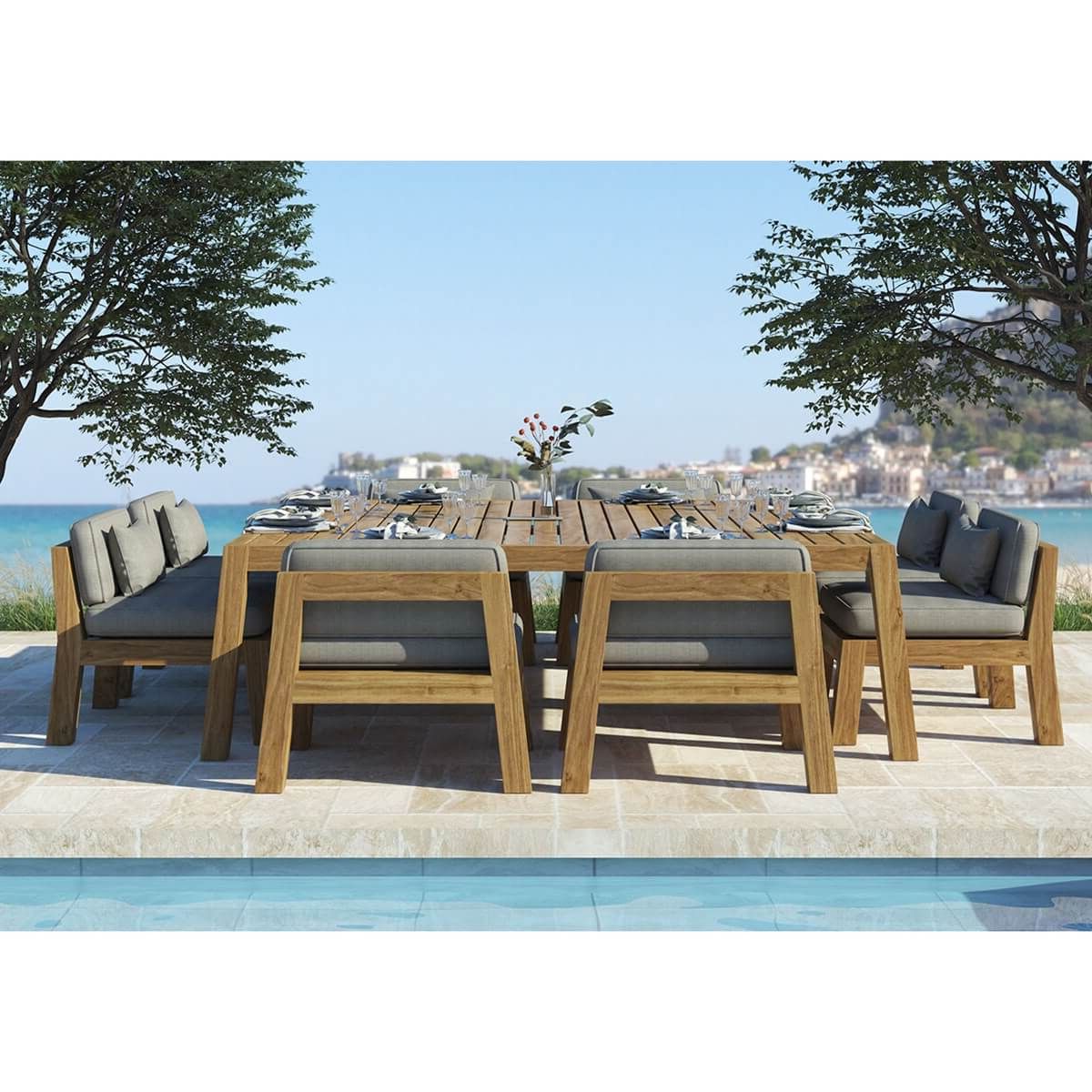 Latest Solid Teak Wood Outdoor Tables With Prague Solid Teak Wood 9 Piece Outdoor Dining Table Chair Set (View 13 of 15)