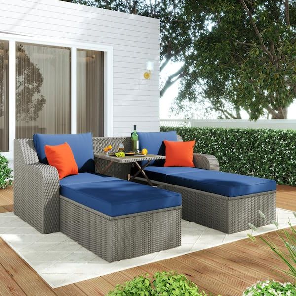 Lift Top Outdoor Tables With Well Liked Nestfair 3 Piece Wicker Patio Conversation Set With Blue Cushions And Lift  Top Coffee Table Lzh000277c – The Home Depot (View 12 of 15)