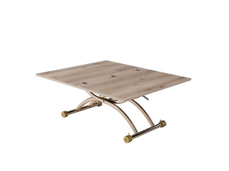 Melamine Outdoor Tables Regarding Fashionable Table Relevable Extensible Hirondelle Compacte100 X 57/114 Cm Mélaminé  Chêne Noueux Pied Doré 20100993421 – Conforama (View 6 of 15)