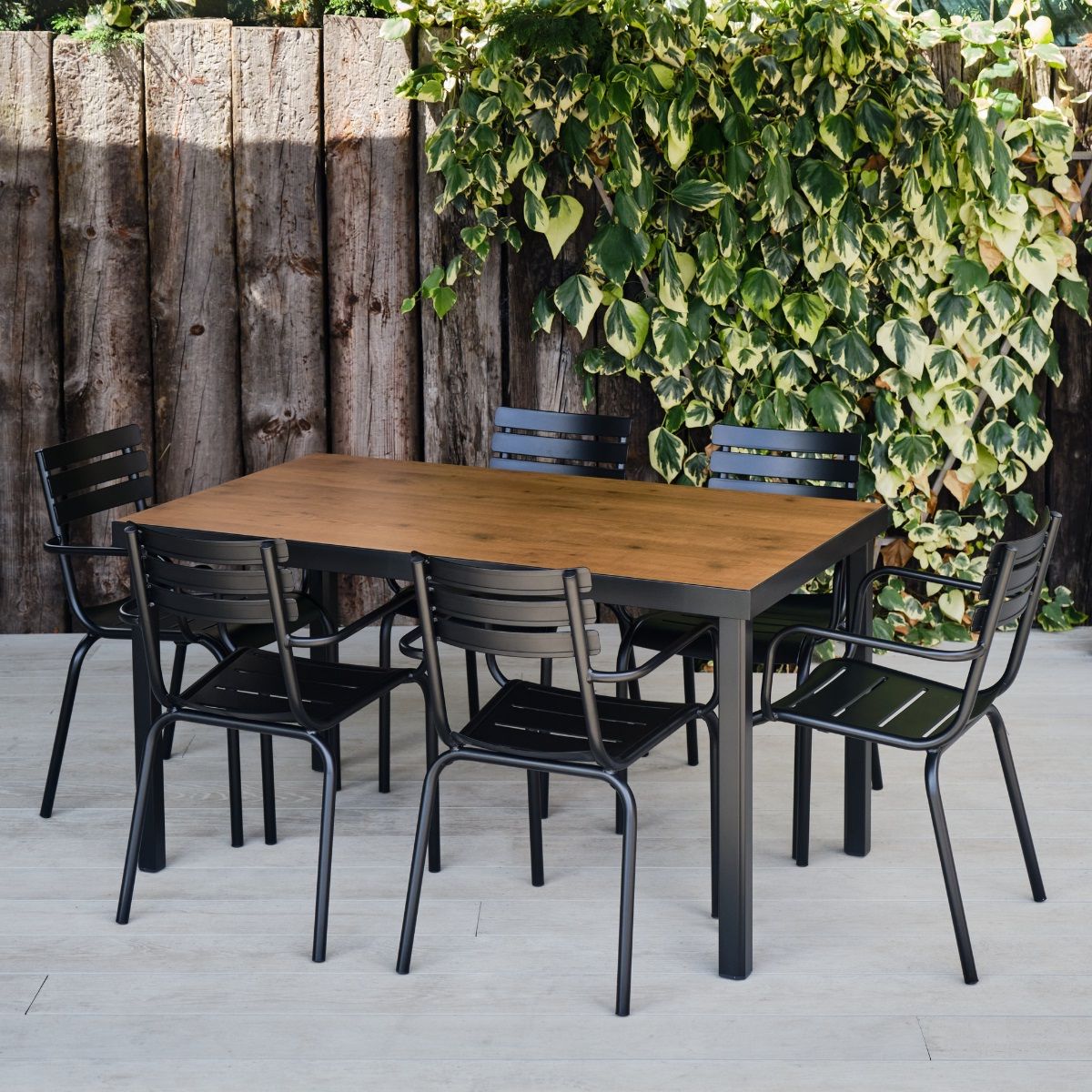 Metal And Wood Outdoor Tables Inside Best And Newest Rectangular Black Metal & Wood Effect Table & 6 Chairs Set – Camden Range –  Woodberry (View 4 of 15)