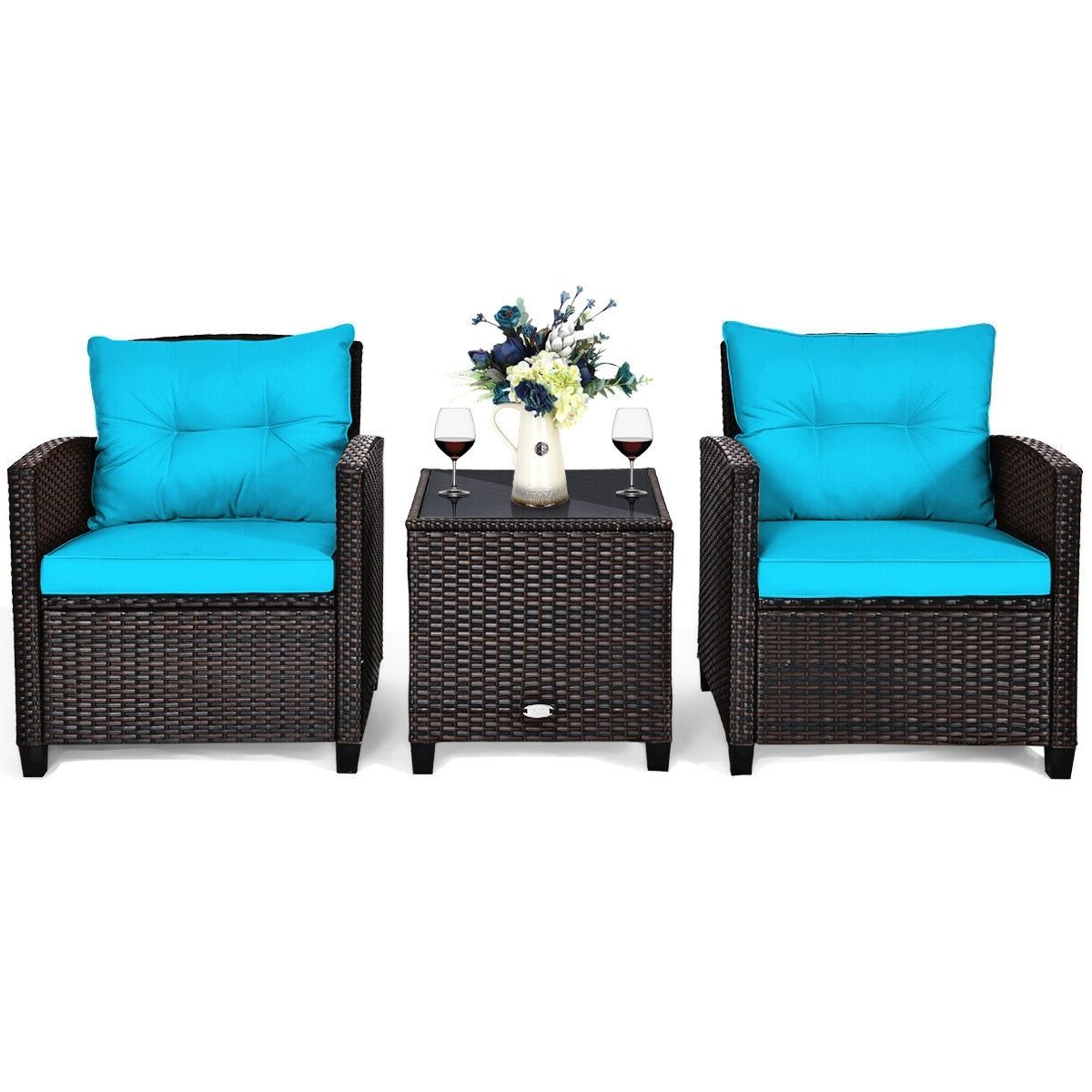 Mondawe 3 Piece Rattan Patio Conversation Set With Cushions In The Patio  Conversation Sets Department At Lowes Within 2019 2 Piece Outdoor Tables (View 12 of 15)