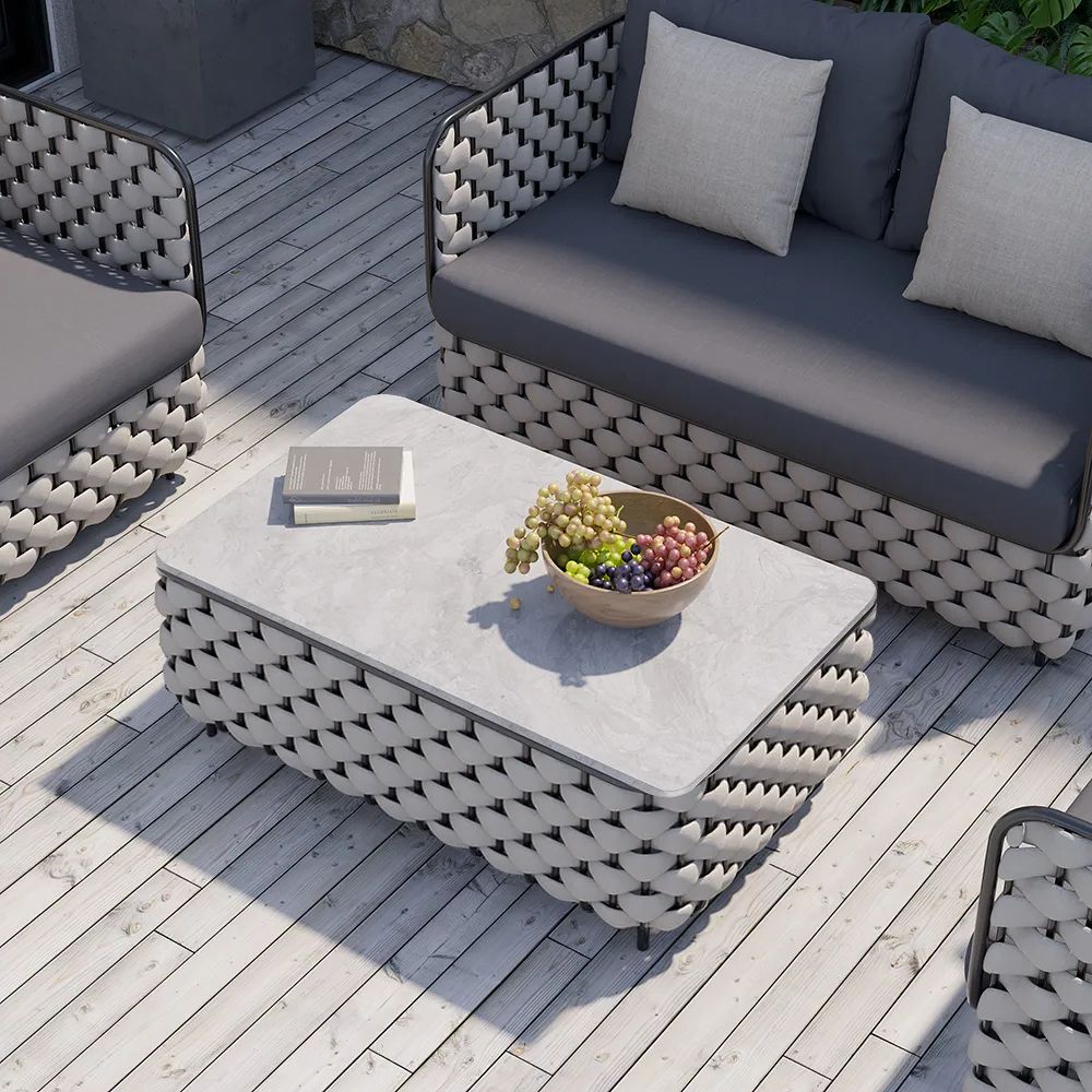 Most Current Faux Marble Top Outdoor Tables Intended For Modern Aluminium & Rope & Faux Marble Top Outdoor Patio Coffee Table In  Grey Homary (View 2 of 15)