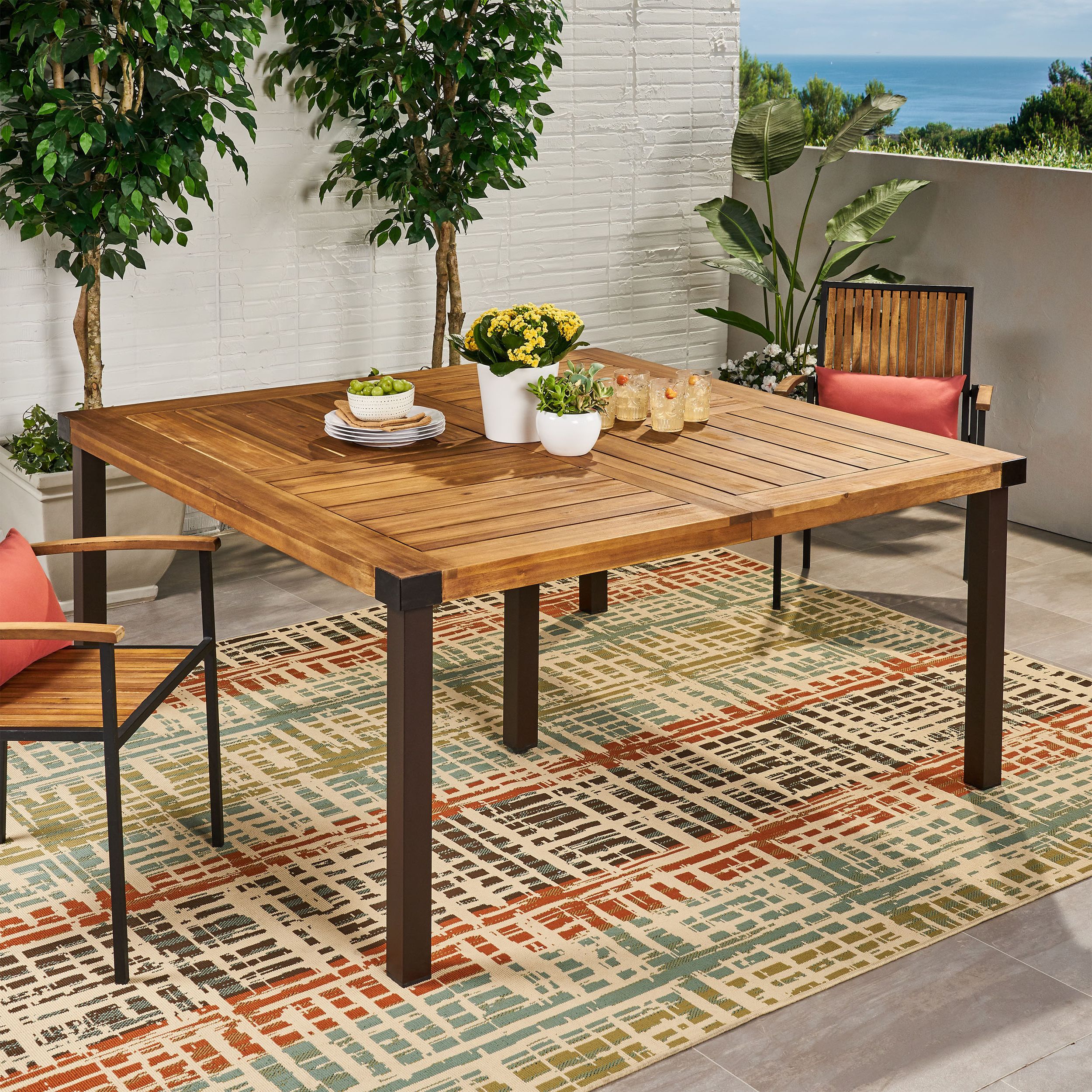 Most Current Splayed Metal Legs Outdoor Tables For Drake Outdoor Acacia Wood Dining Table, Teak, Rustic Metal – Walmart (View 5 of 15)