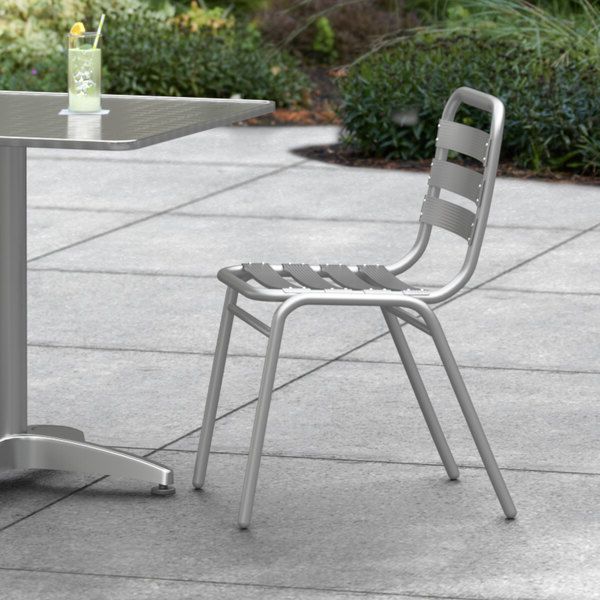 Most Popular Lancaster Table & Seating Chrome Powder Coated Aluminum And Steel Outdoor  Side Chair With Regard To Chrome Outdoor Tables (View 12 of 15)