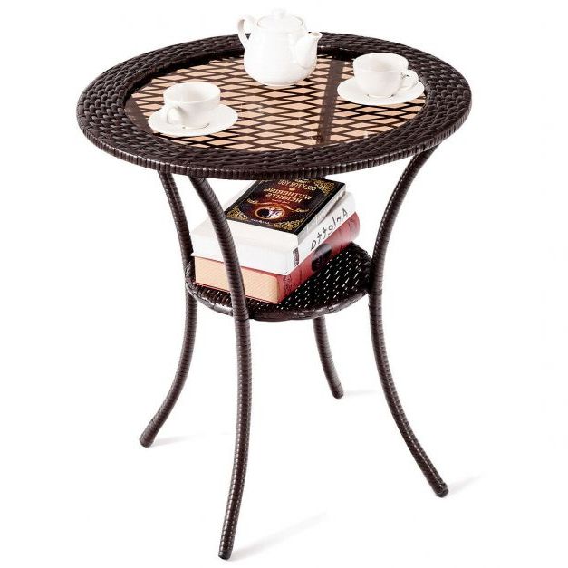 Most Popular Patio Bistro Table With Tempered Glass Top And Storage Shelf – Costway Intended For Glass Outdoor Tables With Storage Shelf (View 3 of 15)